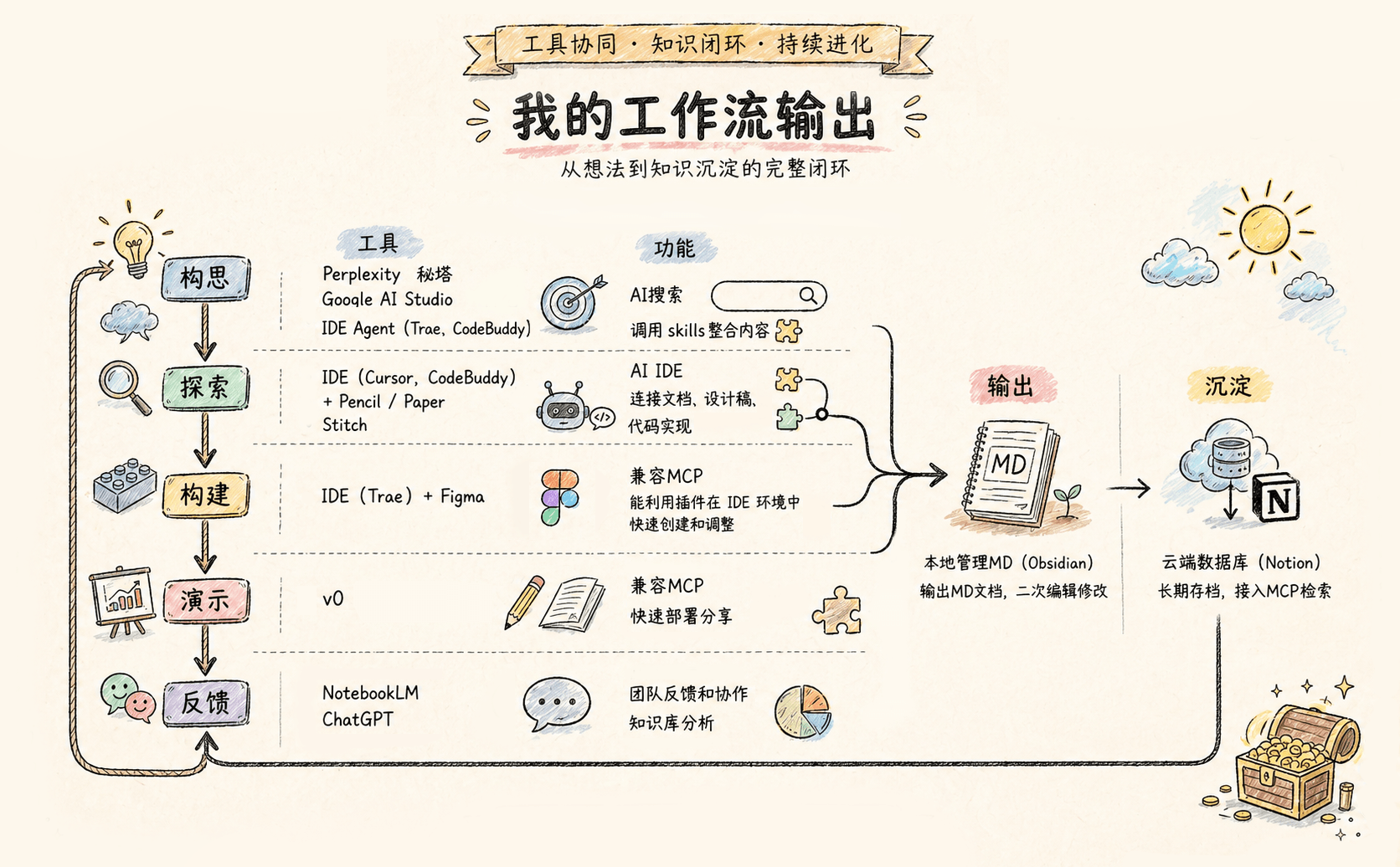 我的工作流输出：从想法到知识沉淀的完整闭环——构思、探索、构建、演示、反馈至输出与沉淀